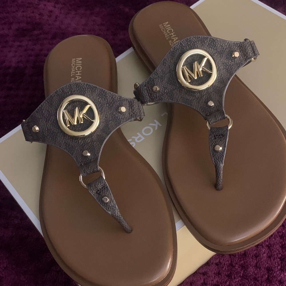 Michael Kors Dark Brown Sandals with Gold Logo